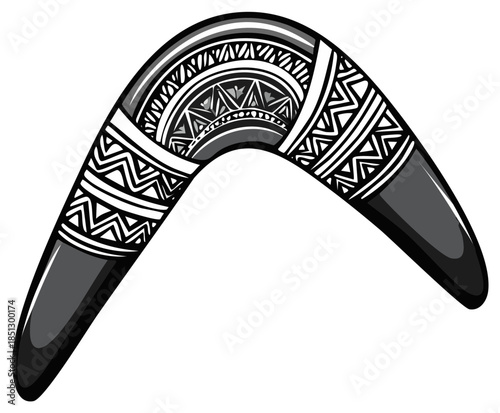 Traditional boomerang with intricate tribal geometric patterns. Black and white vector illustration.