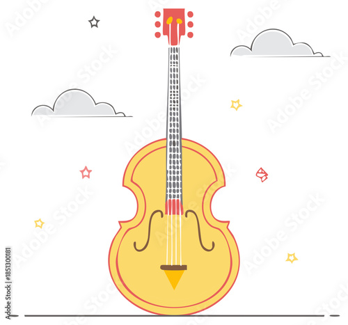 Whimsical cartoon illustration of a yellow upright bass musical instrument with clouds and stars