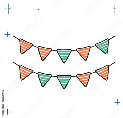 Festive bunting flags in orange and teal with hand drawn playful stars against a clean white background