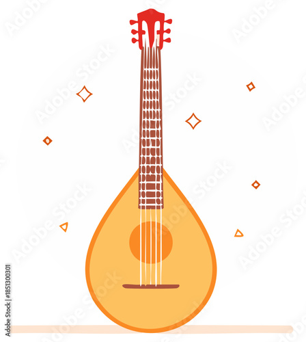 Stylized Illustration of a Lute Stringed Instrument with Teardrop Body, Neck and Tuning Pegs with Geometric Accents