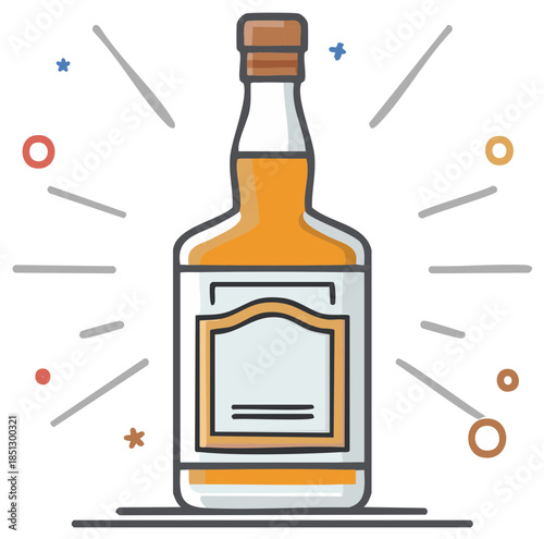 Whiskey bottle cartoon illustration with decorative elements, celebration, liquor concept