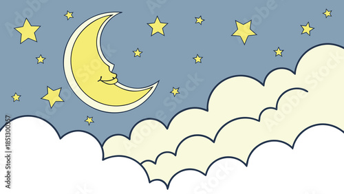 Crescent moon shining brightly among stars and clouds Vector
