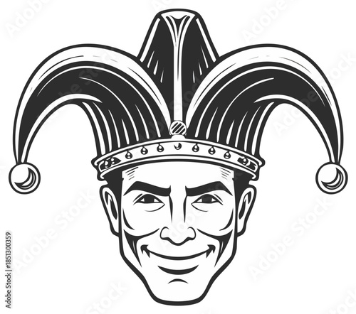 Playful jester character head with a mischievous smile wearing a classic hat adorned with bells