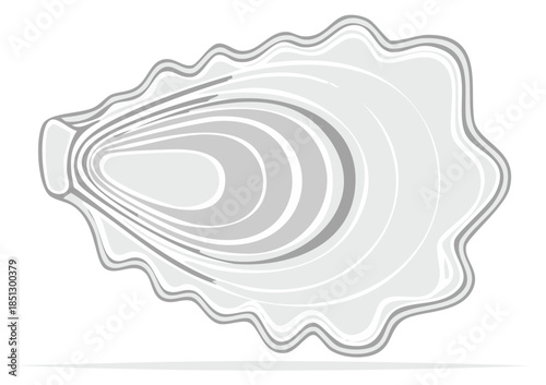 Stylized illustration of a single oyster shell in shades of gray, evoking freshness and seafood.