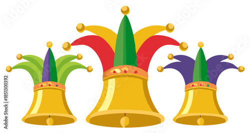 Colorful Jester Hats on Golden Bells, Festive Vector Design for Celebrations and Party Fun