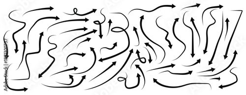 Hand drawn curved and straight arrow set. Black grunge sketch arrow collection. Doodle sketched pointers and direction lines. 