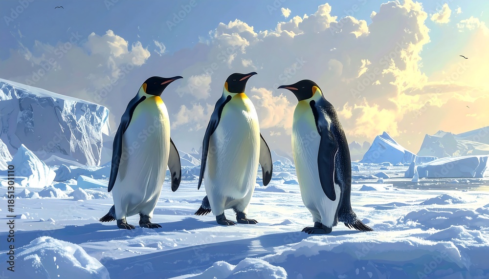 Fototapeta premium Three penguins on an icy landscape under a bright sky