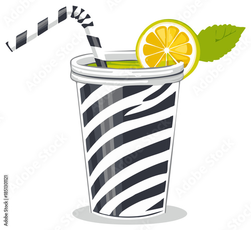 Striped paper cup with fresh lemonade lemon slice and mint leaf vector illustration