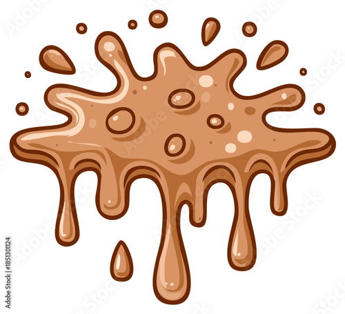 Illustration of brown liquid splash with drizzles and bubbles cartoon style