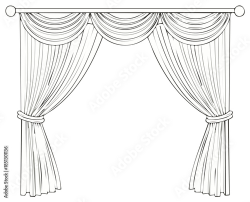 Elegant draped curtains with swags and tiebacks illustration in outline style