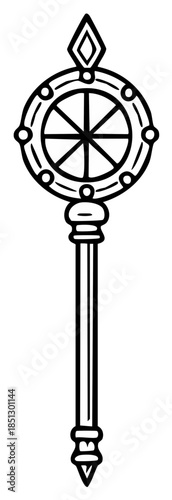 Ornate ceremonial staff with a dharma wheel symbol, black and white line art illustration