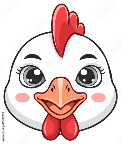 Cute cartoon chicken head with big eyes and pink cheeks
