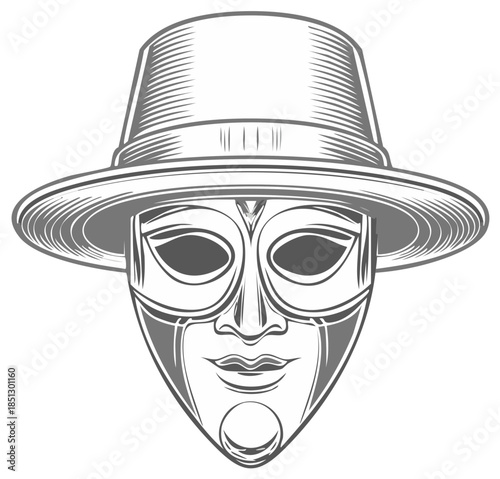 Anonymous face mask wearing a classic fedora hat in a vintage monochrome engraving style