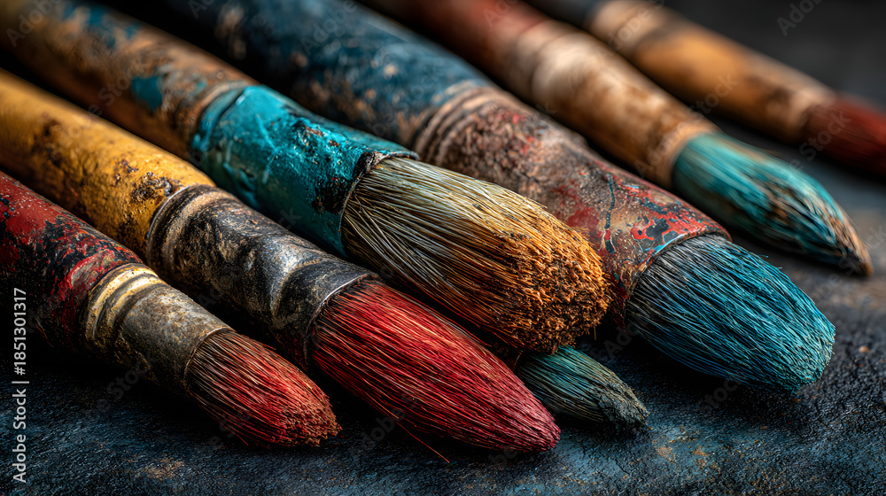 Fototapeta premium old paintbrushes on dark textured surface,
