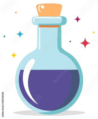Magical potion bottle with glowing stars, purple liquid, and cork top, vector illustration