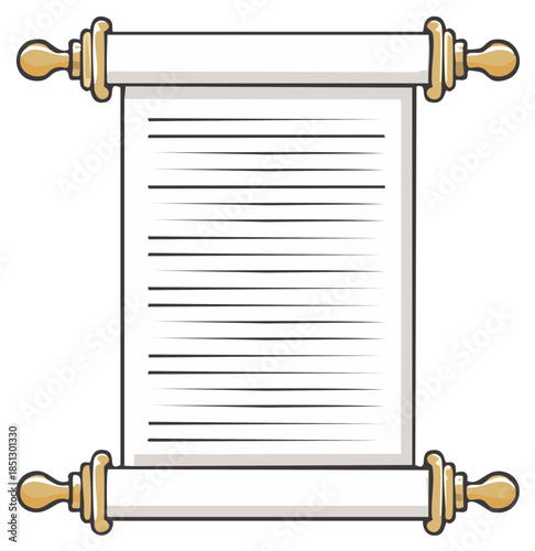 Unrolled ancient parchment scroll with manuscript lines. Simple cartoon vector illustration for history or fantasy.