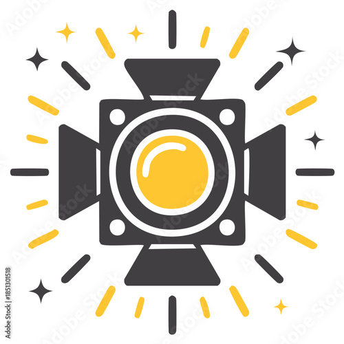 Shining studio spotlight icon with bright yellow light and sparkles flat vector illustration