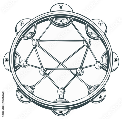 Stylized Musical Instrument Tambourine with Geometric Interior Design in Simple Illustration