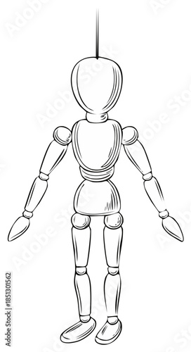 Artist's wooden mannequin marionette puppet on a string. Sketch of an adjustable drawing doll.