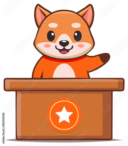 Cute cartoon Shiba Inu dog mascot giving a speech or presentation at a wooden podium and waving