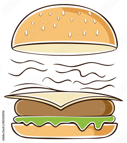 Deconstructed cartoon hamburger illustration with separated floating bun, patty, cheese, and lettuce.