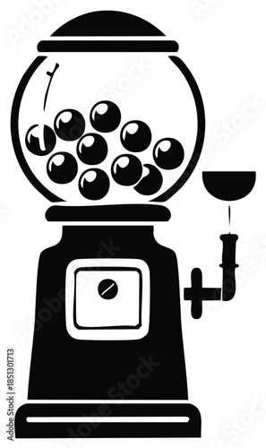 Retro black and white gumball machine filled with round candies and a dispensing lever