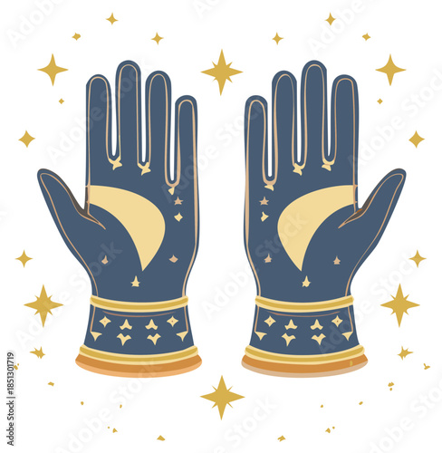 Elegant hands in gloves adorned with crescent moons and stars, symbolizing cosmic magic and celestial guidance