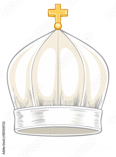 White Papal Zucchetto hat with a golden cross Catholic religious symbol headwear illustration