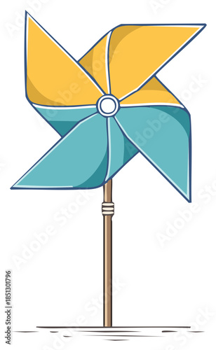 Illustrated pinwheel toy on a stick with bright yellow and blue colors rotating in the wind, simple playful toy decoration