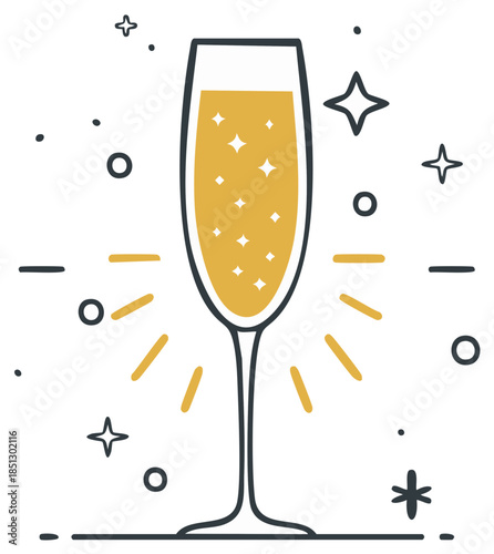 Champagne or Sparkling Wine Glass Celebration Icon with Star Elements