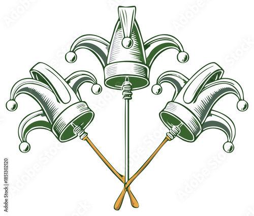 Three Jester Hats On Crossed Sticks Decorative Emblem
