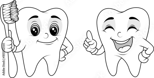 Cartoon tooth characters line art set with toothbrush and mirror for coloring