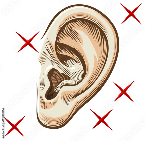 Stylized human ear shown with red Xs, a visual representation of hearing loss and hearing difficulties, vector illustration