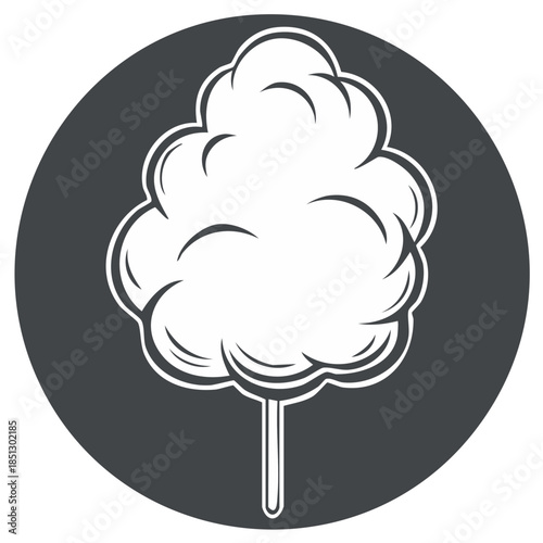 White cotton candy icon with a dark gray circle background