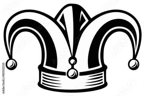 Festive Jester Hat Icon: Classic Fool's Cap with Bells, Carnival Costume Accessory, Black and White Vector Art