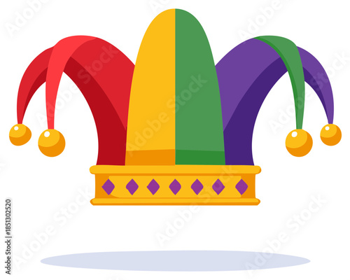 Whimsical Jester Hat Featuring Bright Primary Colors with Golden Bells in Graphic Style
