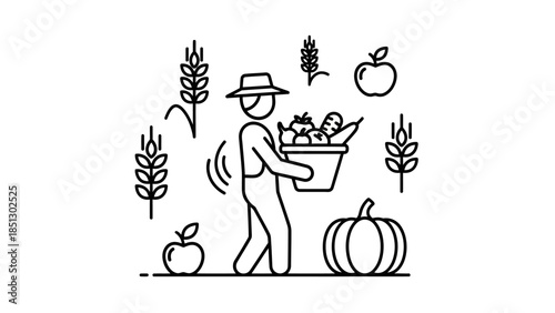 A farmer carrying a basket full of fresh produce, surrounded by wheat stalks, apples, and a pumpkin, symbolizing harvest and agriculture.