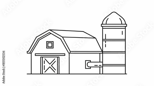 A vector illustration of a barn and silo with a fence featuring a residential house roof and window design for a new property estate icon
