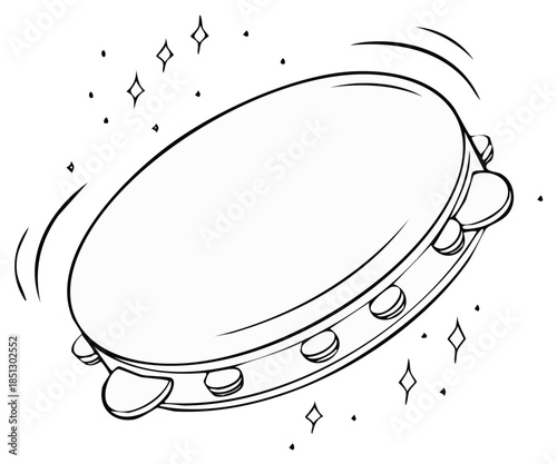 Lively tambourine instrument with jingles and sparkling motion lines in a playful line art style