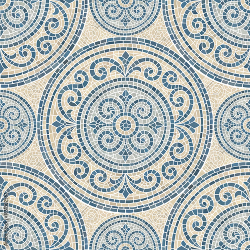 Pattern mosaic tile background in greek texture with blue and seamless design. Vector illustration with ornate curves and borders for web or print. Geometric sea motif for tiles and decor.