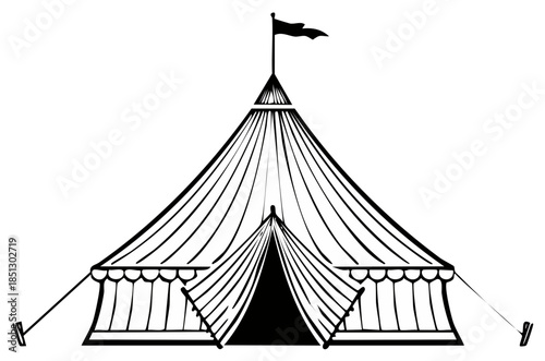 Classic big top circus tent with a flag on top black and white line art illustration