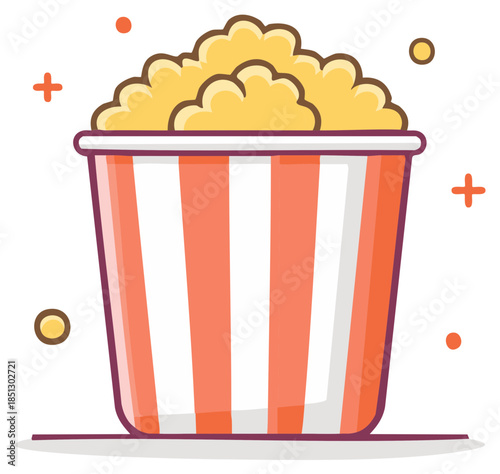 Classic striped popcorn bucket overflowing with delicious yellow kernels vector illustration