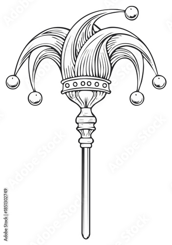 Vintage style line art illustration of a medieval jester's scepter with bells