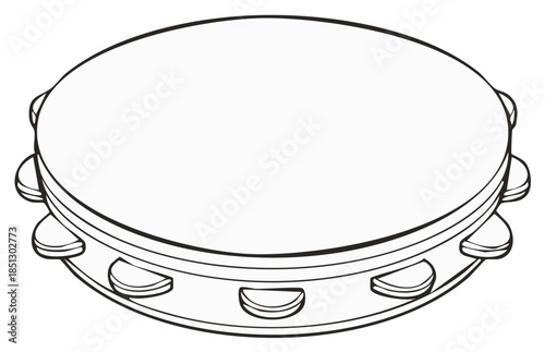 Line art of a Tambourine, Musical Instrument Illustration with Jingles and Drumhead, percussion element