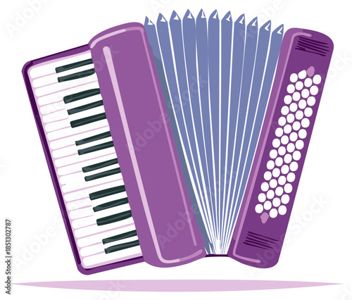 Vibrant purple accordion musical instrument with piano keys and bellows vector illustration