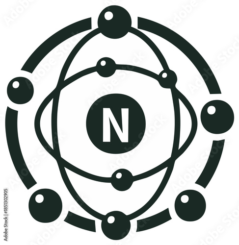 Nitrogen Atom Structure with Electrons Orbiting the Nucleus, Schematic Symbol