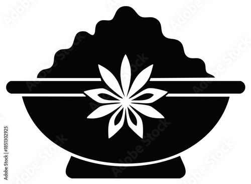 Simple black and white vector icon of a bowl of ground spice with a star anise emblem for cooking and seasoning