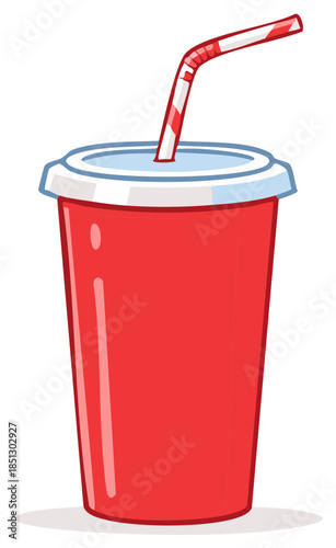 Red fast food soda cup with striped drinking straw cartoon vector illustration
