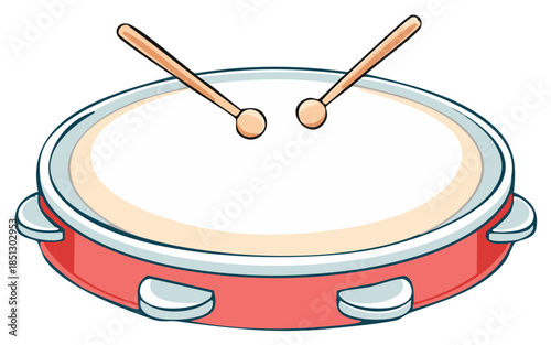 Cartoon Red Drum with Wooden Sticks and Cymbals