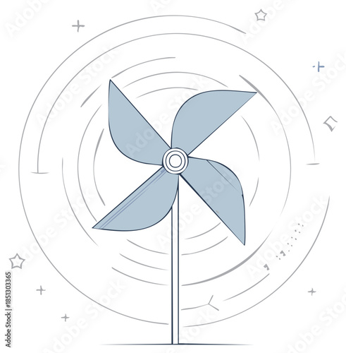Blue pinwheel spinning with swirling lines and stars, hand-drawn style